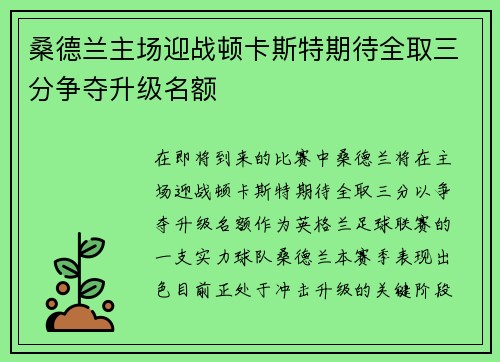 桑德兰主场迎战顿卡斯特期待全取三分争夺升级名额