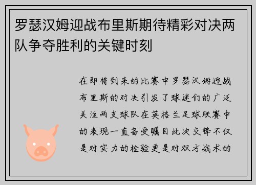 罗瑟汉姆迎战布里斯期待精彩对决两队争夺胜利的关键时刻